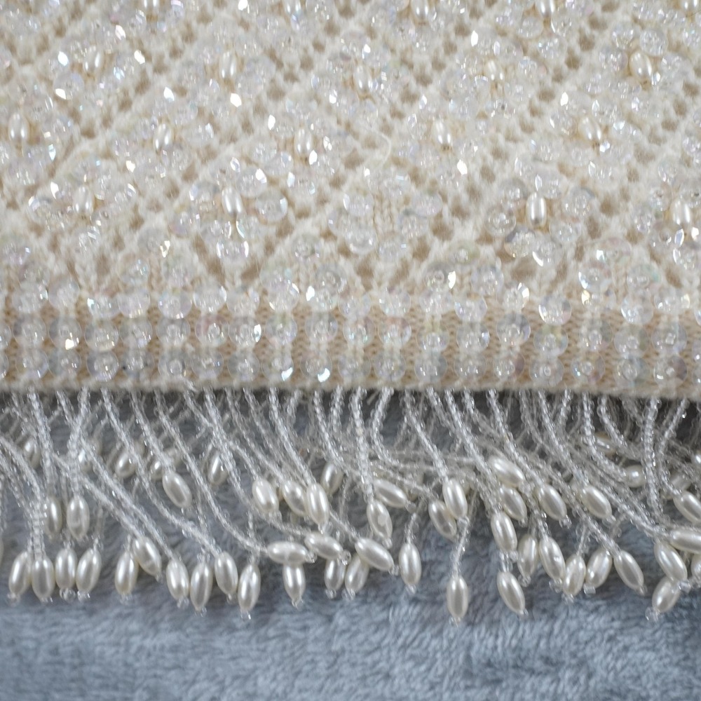 Vintage Hand Beaded Tank Womens 38 M Ivory Sequin Fringe Lambswool Camisole Top - Picture 6 of 13